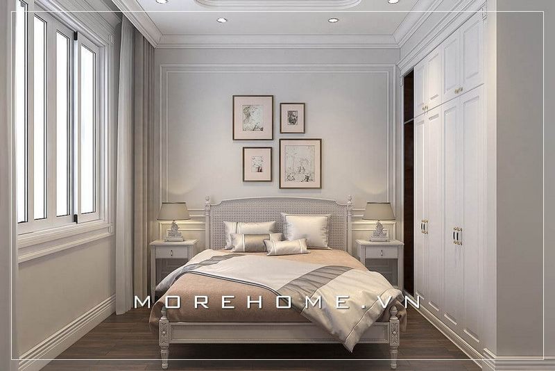 Thiết kế giường ngủ màu trắng kết hợp chân thấp tạo độ thoáng cho không gian phòng ngủ chung cư nhỏ
